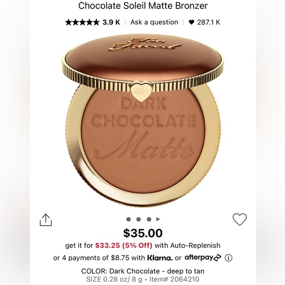BRAND NEW IN BOX Too Faced Dark Chocolate Soleil Matte Bronzer - Picture 2 of 6